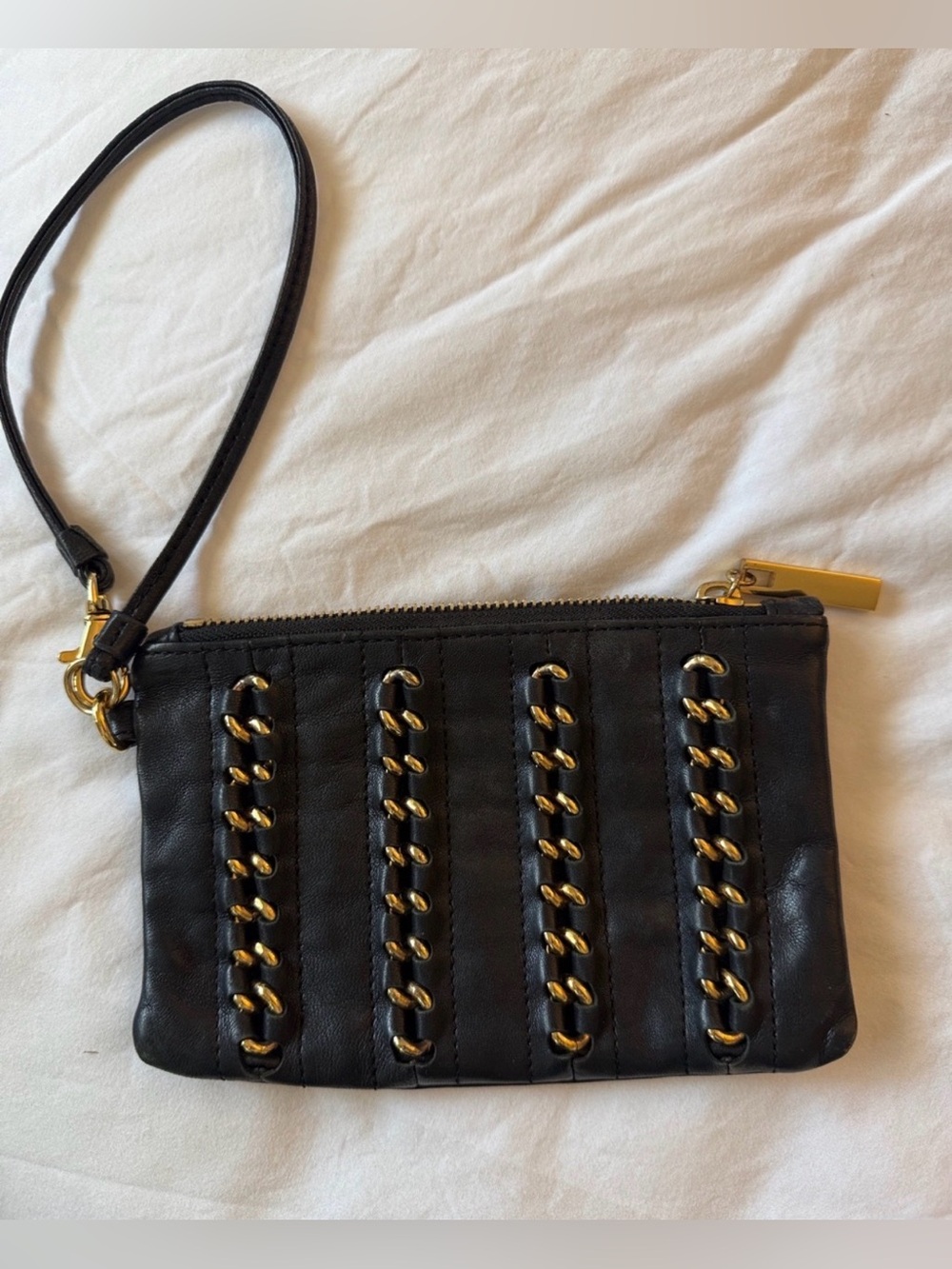 Tory Burch Leather Black Braided Chain Wristlet